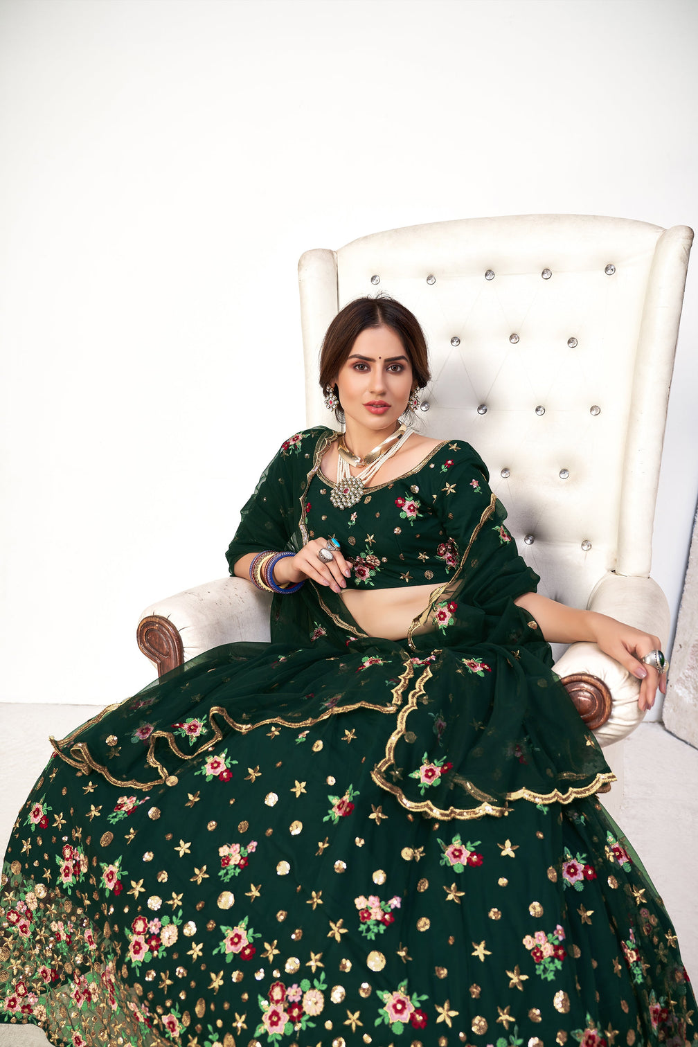Delightful Green Net Thread And Sequins Embroidered Lehenga