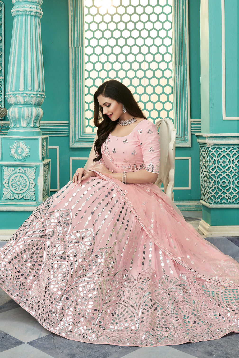 Delightful Pink Gota Patti Embroidered Georgette Semi Stitched Party Wear Lehenga