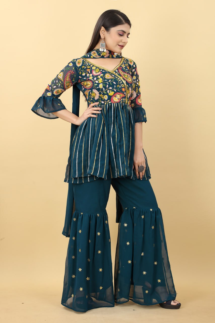 Demanding Teal Green Color Sequence Embroidery Work Palazzo Suit
