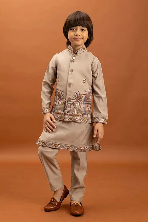 Designer Beige Koti Kurta Set for Kids 6-12 Year