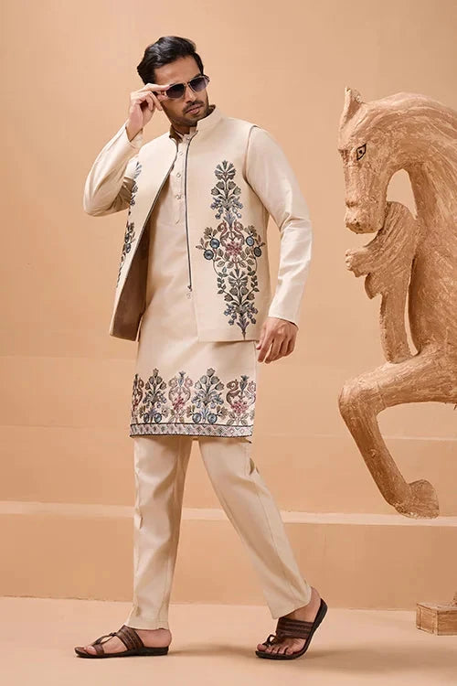 Tendy Beige Wedding Special Koti Kurta Set for Mens Wear