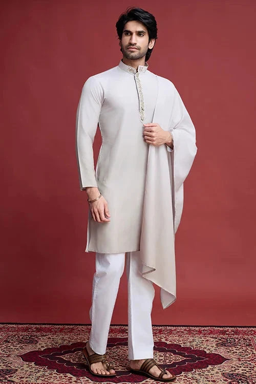 Designer Beige Kurta Set for Men with Mirror Work