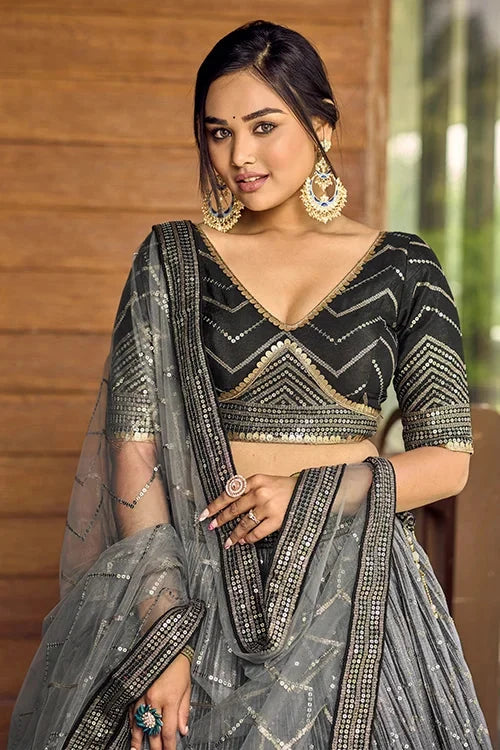 Black Thread Embroidery Lehenga Choli with Dupatta