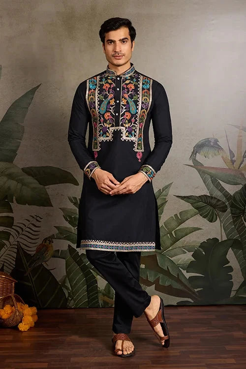 Designer Black Embroidered Mens Kurta for Wedding