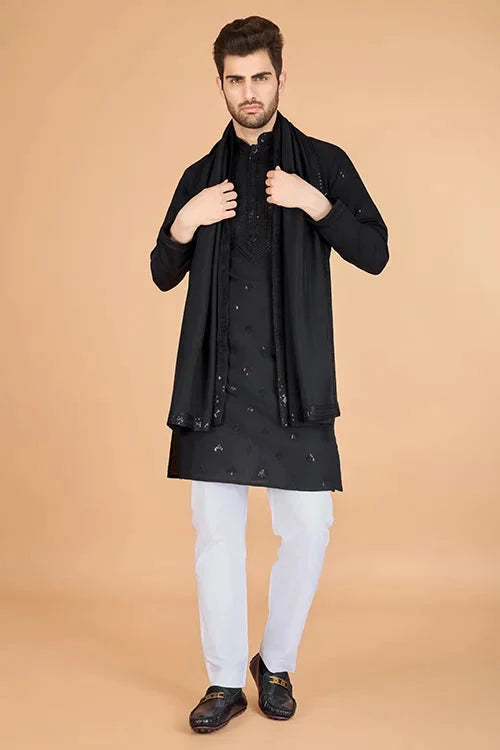 Stylish Black Kurta for Men with Thread Work Design