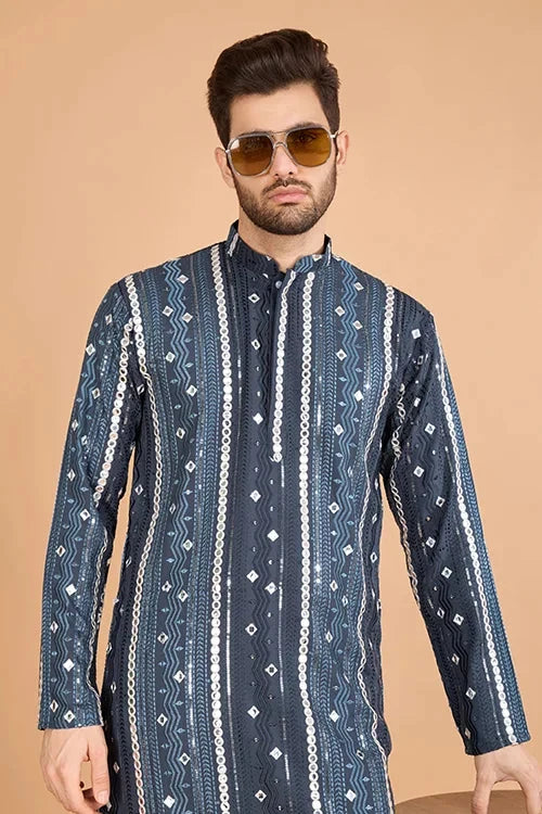 Grey Sequence with Mirror Foil Embroidered Mens Wear Kurta