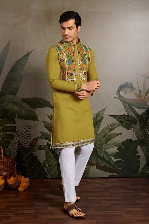 Festive Wear Flourescent Green Embroidered Kurta for Men