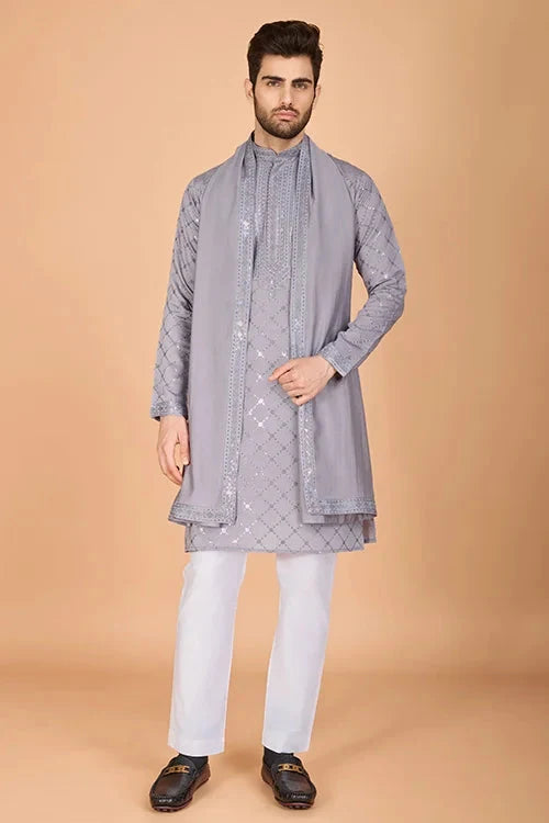 Designer Grey Viscose Silk Men's Kurta – Elegant Wedding Attire