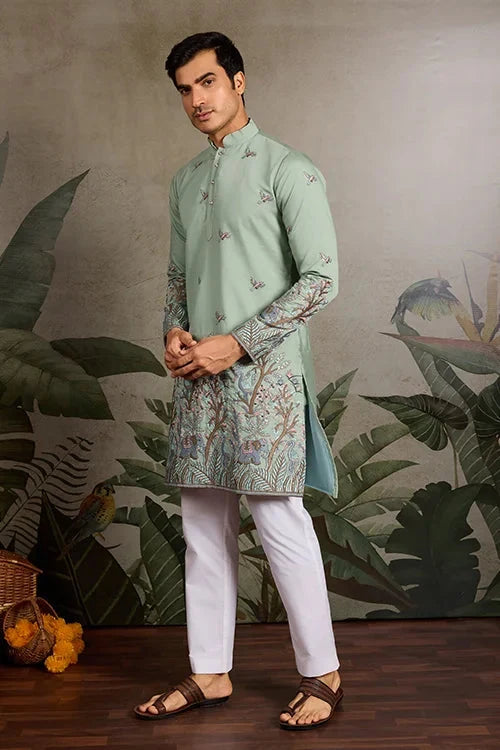 Embroidered Pista Green Wedding Kurta for Mens