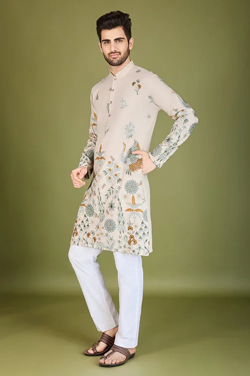 Ivory Viscose Rayon Designer Men's Kurta