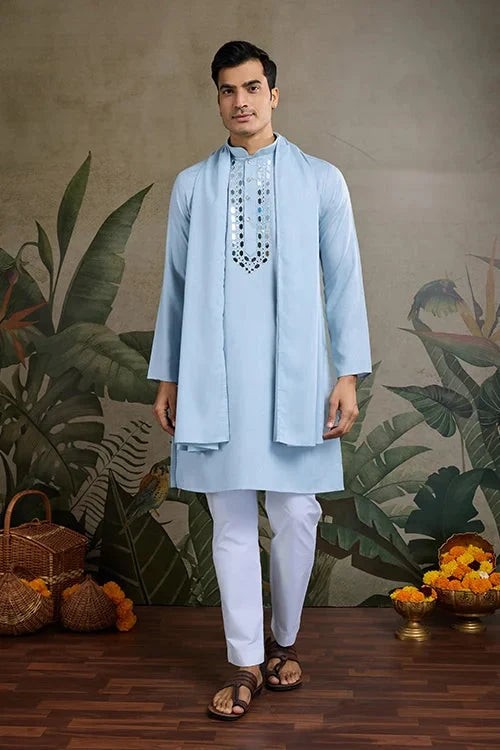 Sky Blue Designer Men's Kurta with Real Mirror Work