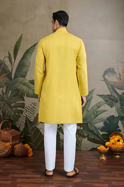 Stylish Look Perfect Haldi Yellow Color Men's Kurta with Dupatta