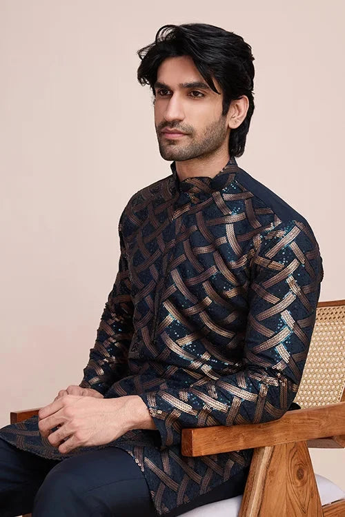 Navy Silk Men's Kurta for Special Occasions