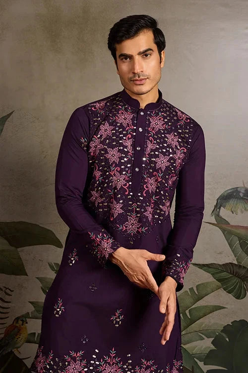 Designer Purple Mirror Work Kurta Set for Mens Wear