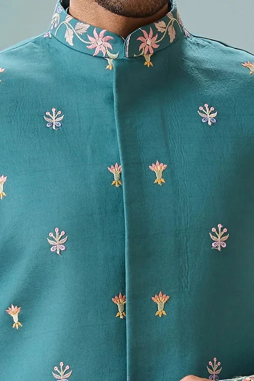 Wedding Party Outfit Rama Green Kurta Koti Pant for Men