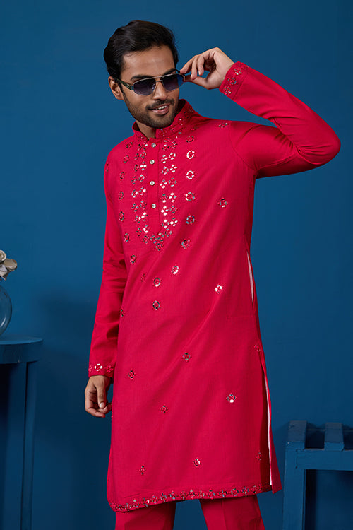 Designer Rani Mirror Embroidered Kurta for Mens Wear
