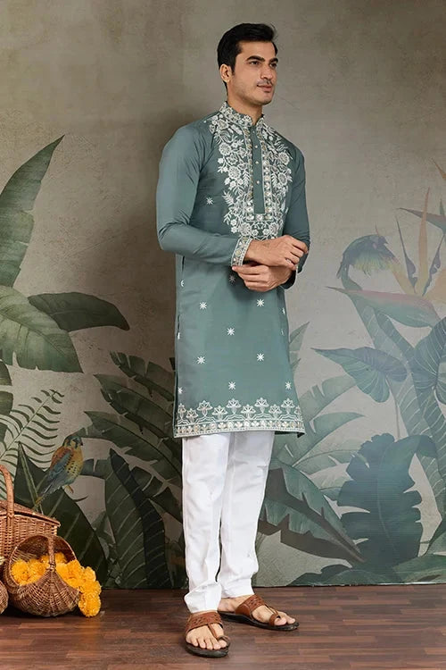 Pastel Pista Viscose Silk Embroidered Kurta for Men