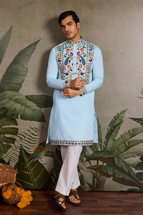 Premium Sky Blue Embroidered Mens Kurta for Celebrations