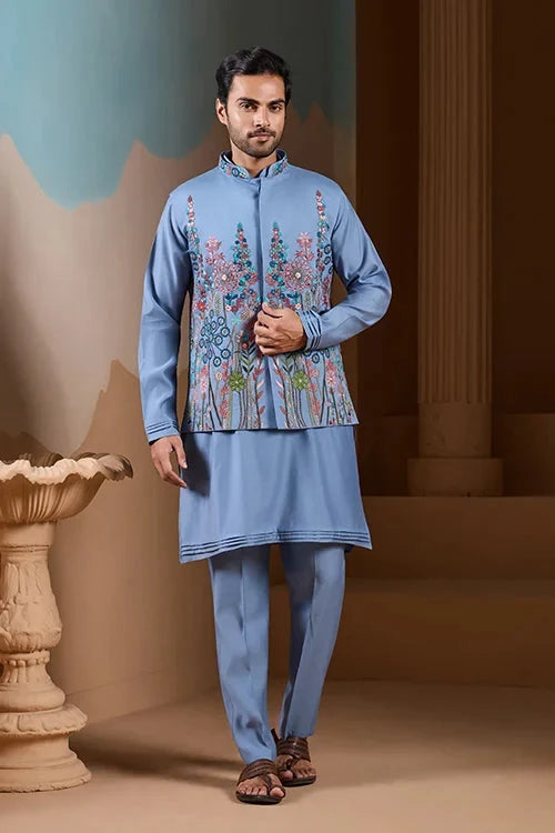 Vibrant Sky Blue Koti Kurta Pajama for Mens Outfits