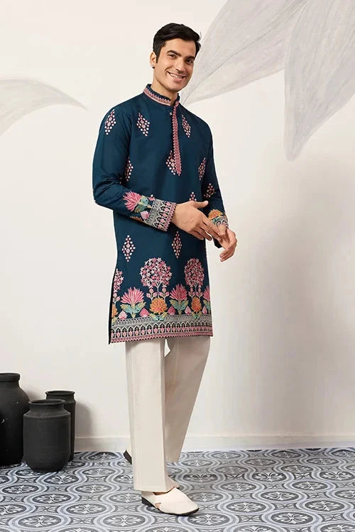 Indian Wedding Style Exclusive Teal Blue Kurta for Mens
