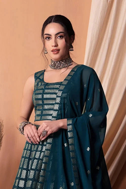 Teal Blue Bollywood Georgette Lehenga Choli Online