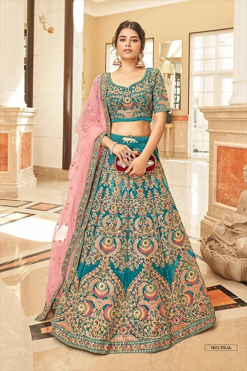 Designer Teal Velvet Lehenga with Soft Net Dupatta