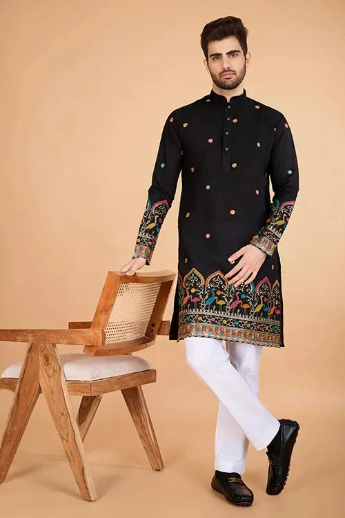 Black Viscose Silk Men's Designer Kurta