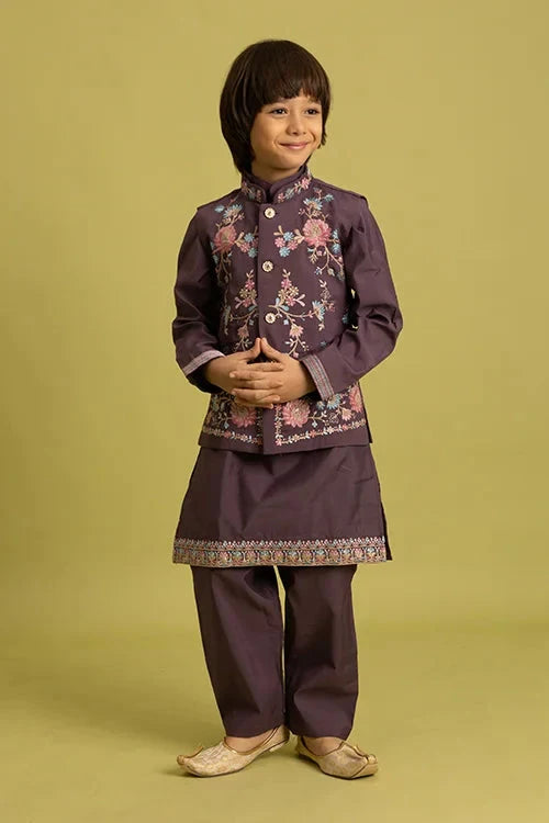 Premium Purple Kids Koti Kurta Pajama Set for Wedding Style