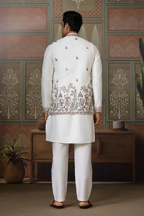 Latest Embroidered Designer White Koti Kurta Set for Mens