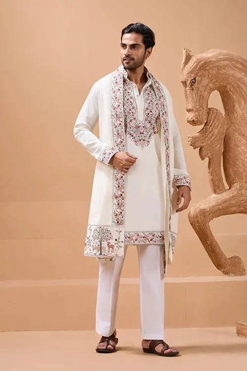 Vibrant Look White Kurta Dupatta Set for Mens Wear