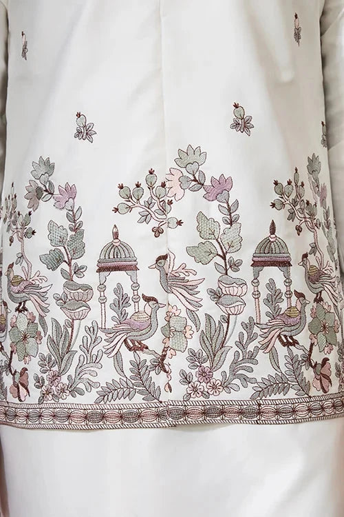 Latest Embroidered Designer White Koti Kurta Set for Mens