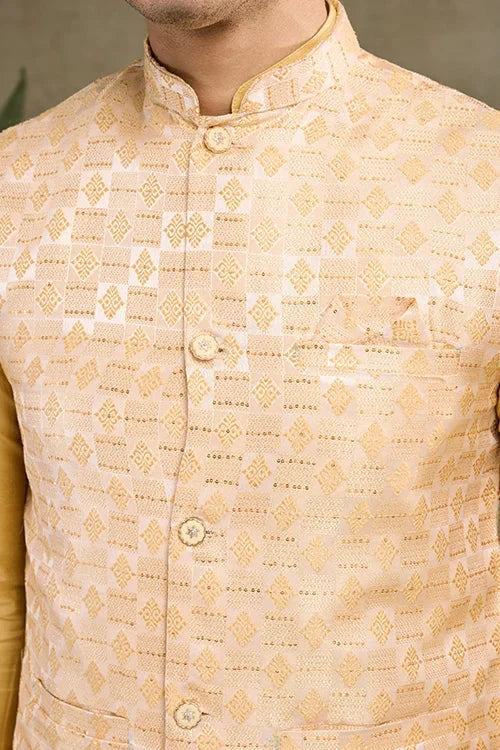Yellow Roman Silk Kurta with Jacquard Koti Elegant Ethnic Wear