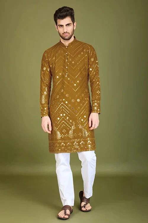 Yellow Viscose Rayon Men's Kurta with Thread & Sequence Work