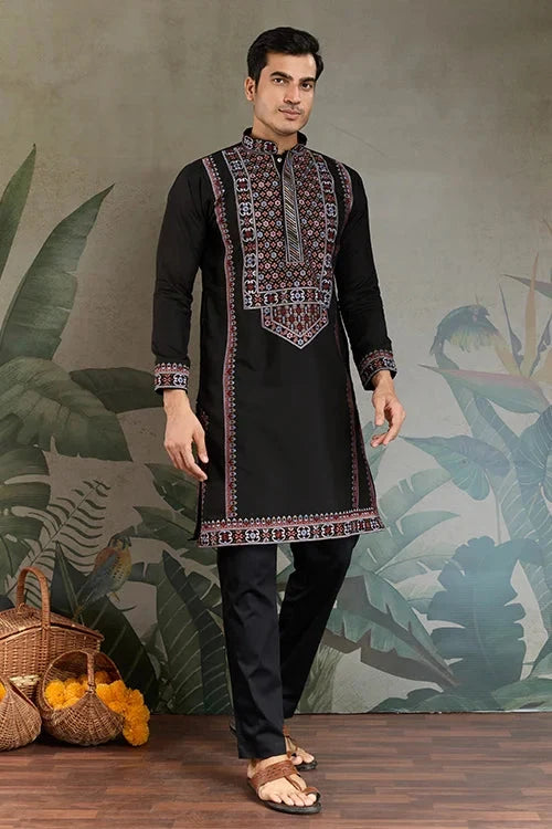 Designer Premium Embroidered Black Silk Kurta for Men