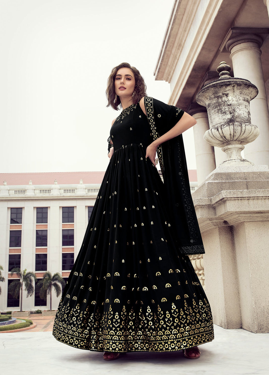 Designer Black Color Thread Sequence Work Gown