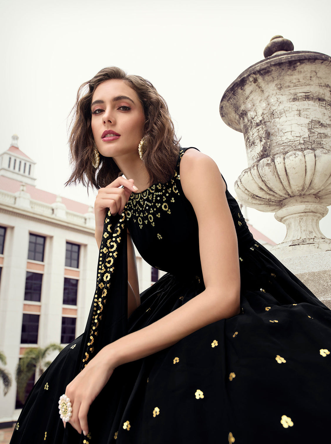 Designer Black Color Thread Sequence Work Gown