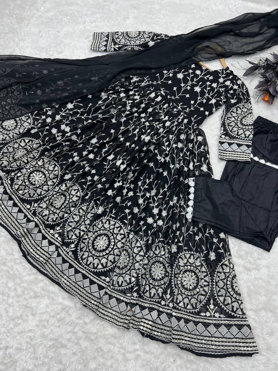 Designer Black Color Thread Work Gown