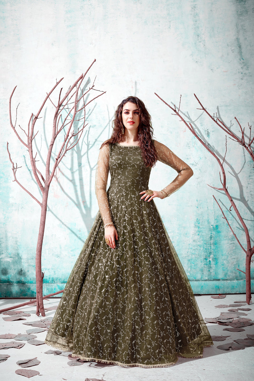 Designer Dark Mehendi Green Net Embroidery Ethnic Gown For Woman