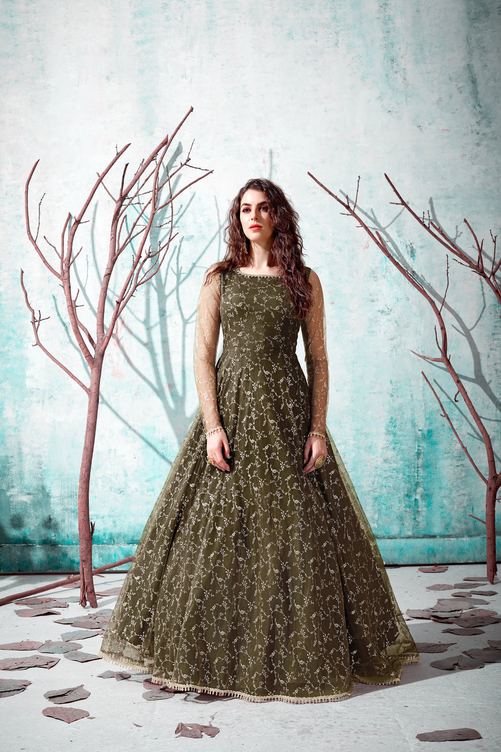 Designer Dark Mehendi Green Net Embroidery Ethnic Gown For Woman