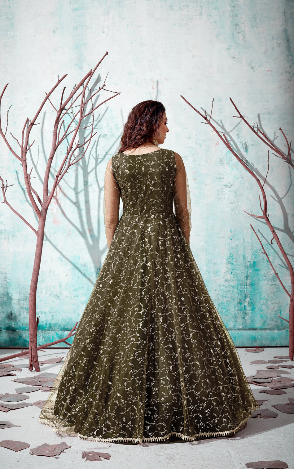 Designer Dark Mehendi Green Net Embroidery Ethnic Gown For Woman