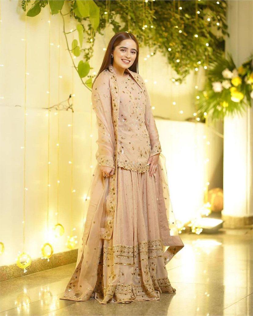 Designer Gold Beige Embroidery Work Party Wear Pakistani Sharara Suit with Dupatta