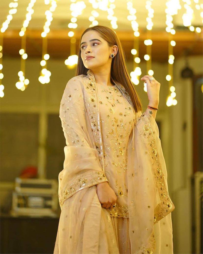 Designer Gold Beige Embroidery Work Party Wear Pakistani Sharara Suit with Dupatta