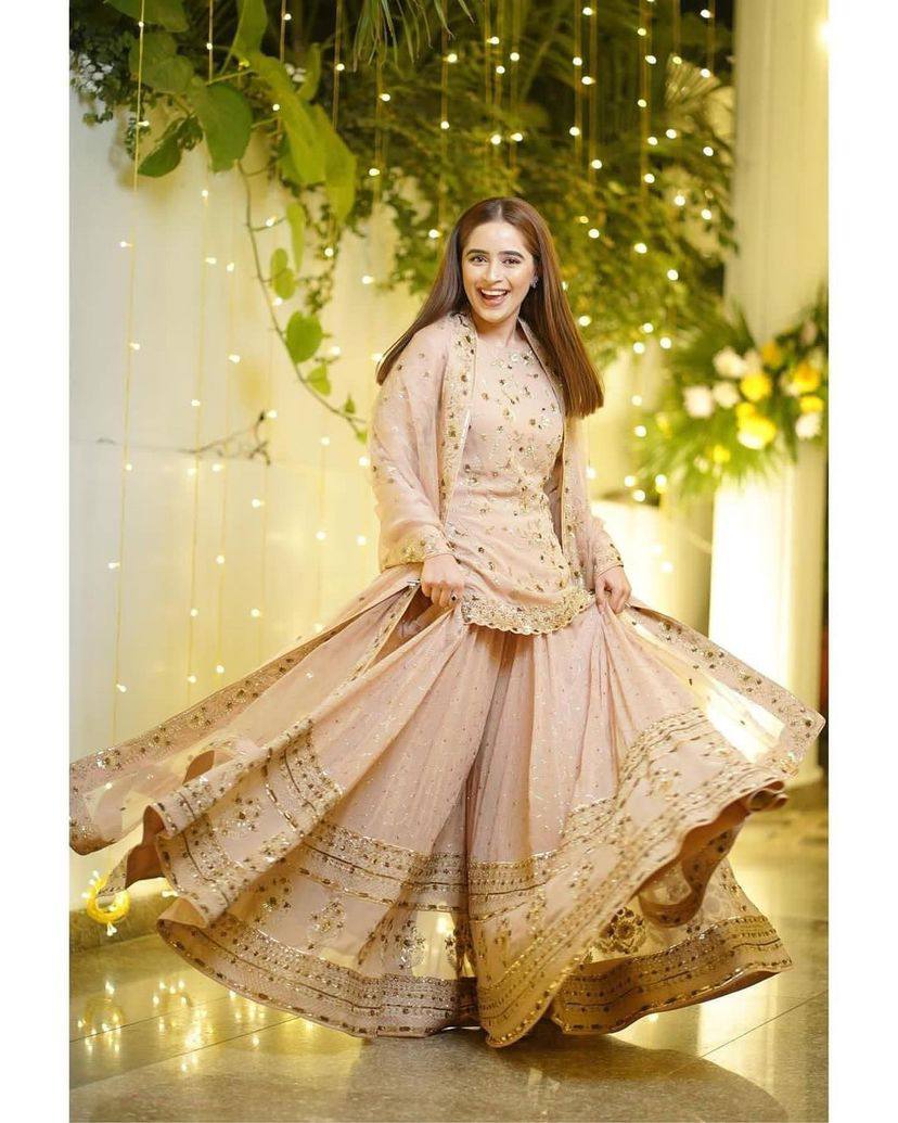 Designer Gold Beige Embroidery Work Party Wear Pakistani Sharara Suit with Dupatta
