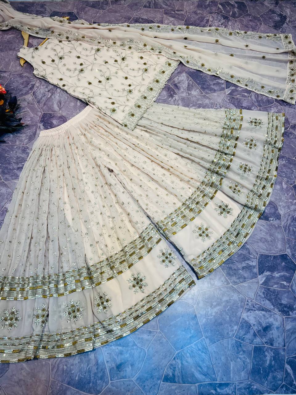Designer Gold Beige Embroidery Work Party Wear Pakistani Sharara Suit with Dupatta