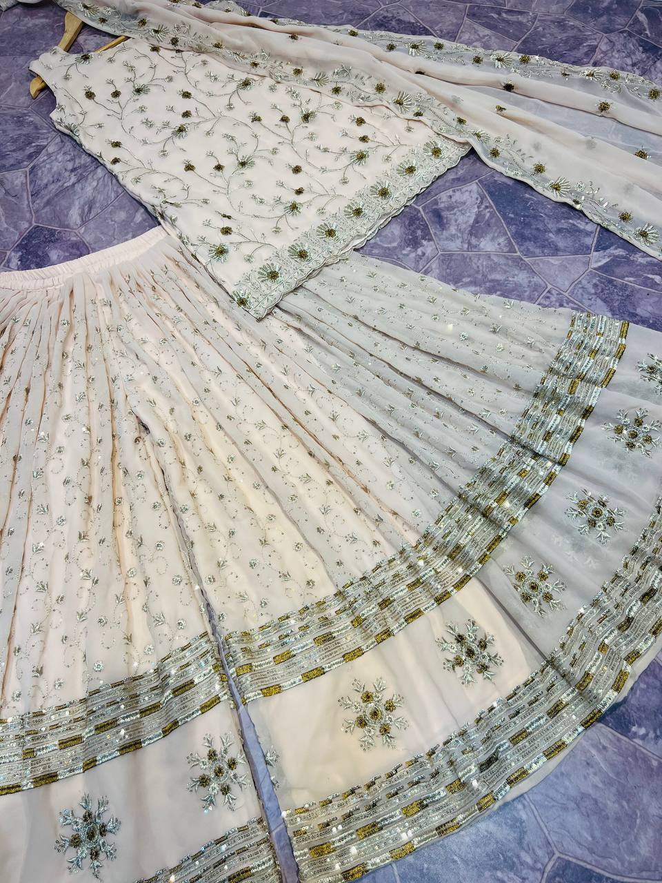 Designer Gold Beige Embroidery Work Party Wear Pakistani Sharara Suit with Dupatta