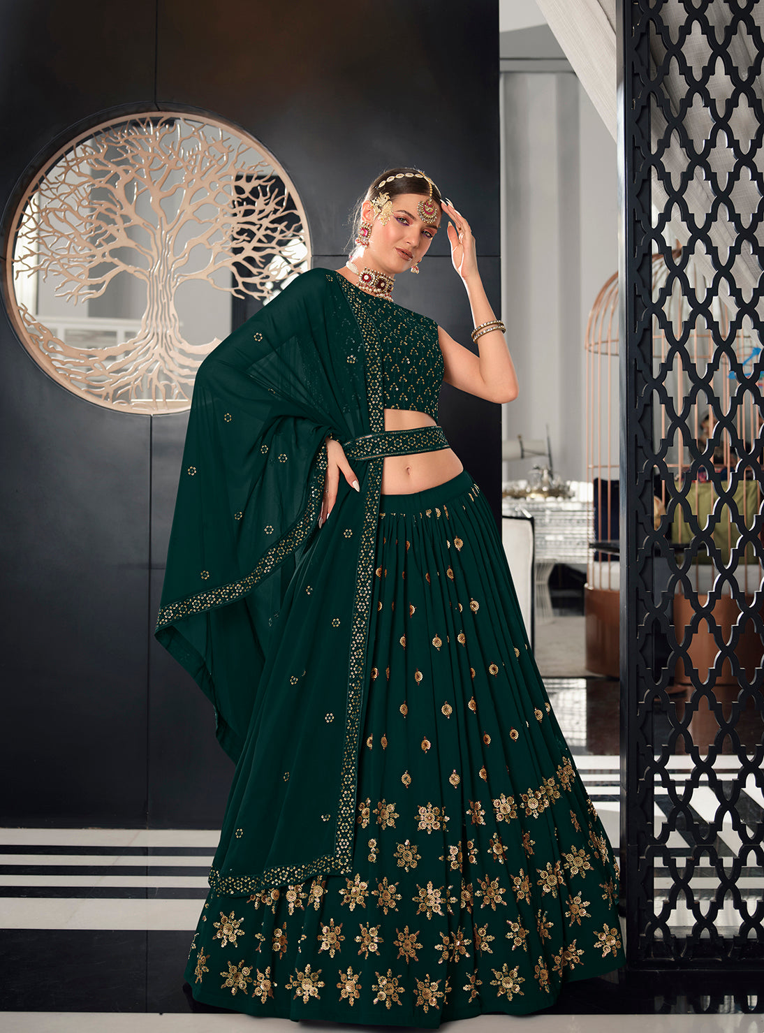 Designer Green Color Sequence Thread Work Lehenga Choli With Belt