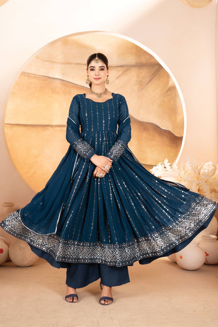 Rama Designer Luxury Anarkali Suit Set (3-Piece) – Heavy Sequin & Thread Embroidery