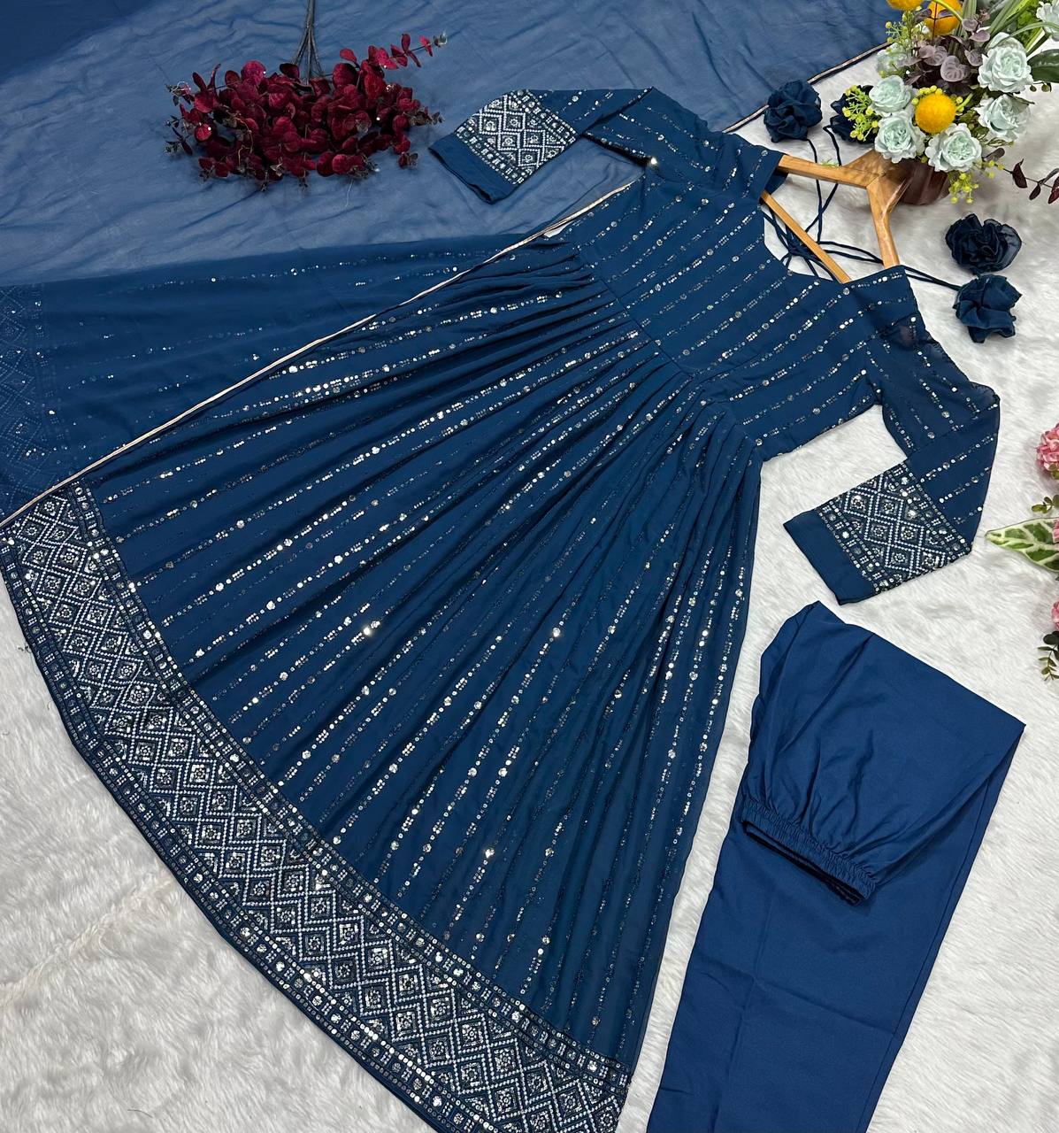 Rama Designer Luxury Anarkali Suit Set (3-Piece) – Heavy Sequin & Thread Embroidery