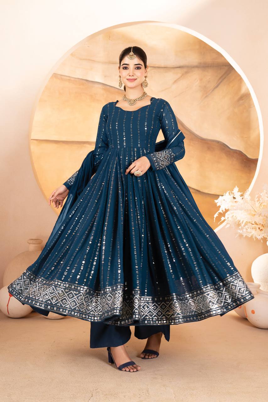 Rama Designer Luxury Anarkali Suit Set (3-Piece) – Heavy Sequin & Thread Embroidery