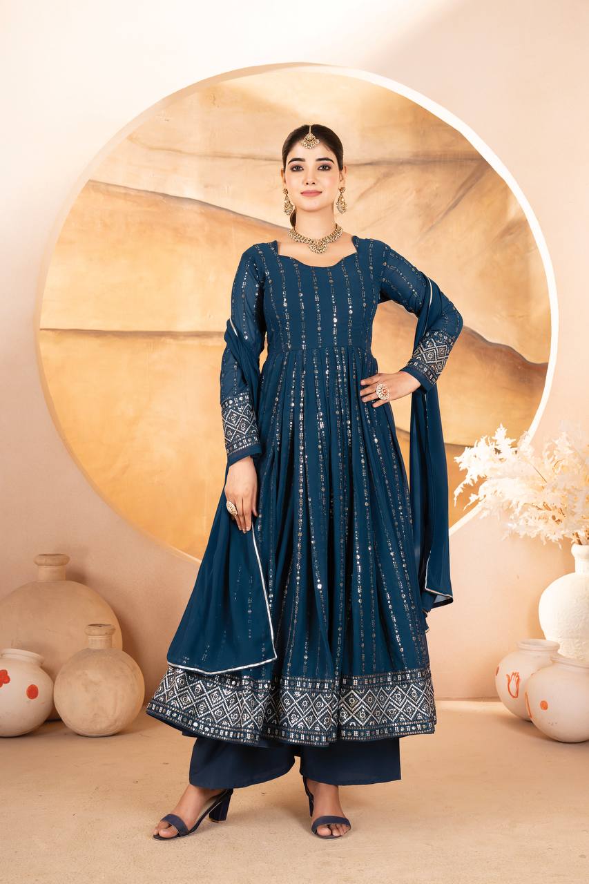 Rama Designer Luxury Anarkali Suit Set (3-Piece) – Heavy Sequin & Thread Embroidery